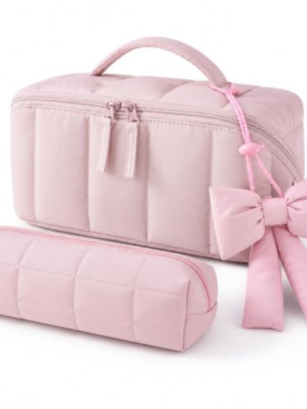 Puffy Quilted Makeup Bag Set Flat-Open Brush Holder Cosmetic Pouch